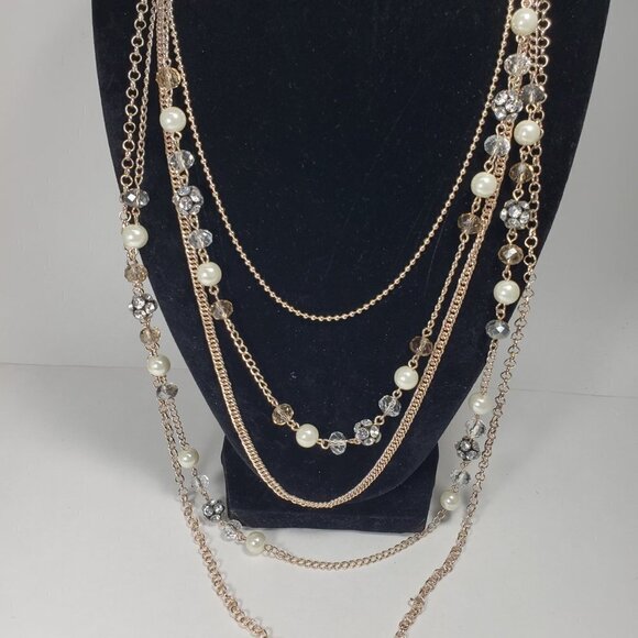 Rose Gold tone Layered Chain Necklace Multi color Beads, Crystal Ball - Women - Picture 6 of 9